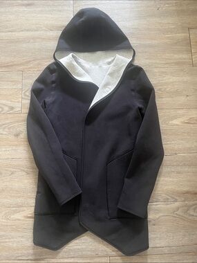 Black Hooded Reversible Mid-Length Coat with Light Gray Lining